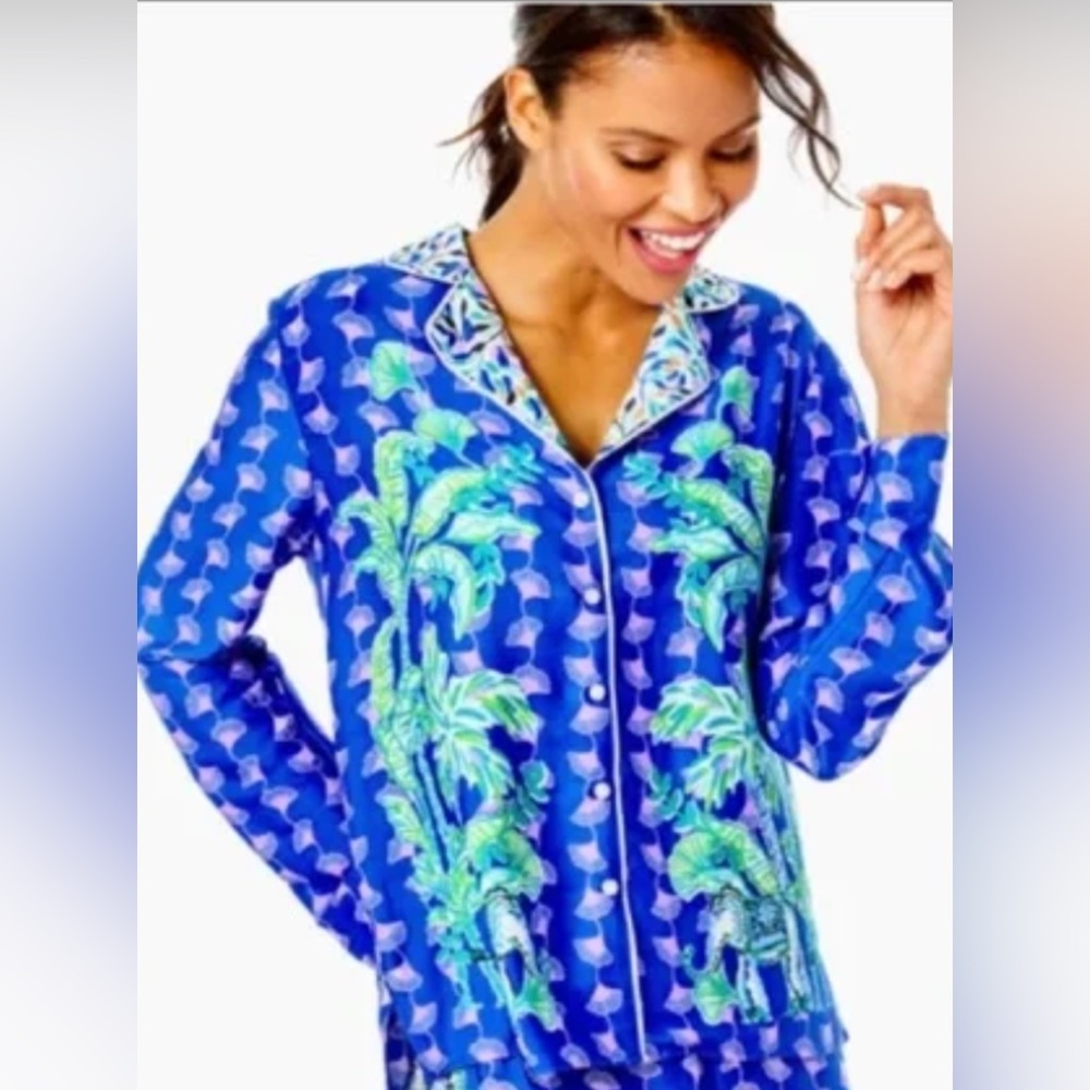 NWT Lilly Pulitzer $118 Blue Grotto Blouse XXS Tropical Print Vacation Resort